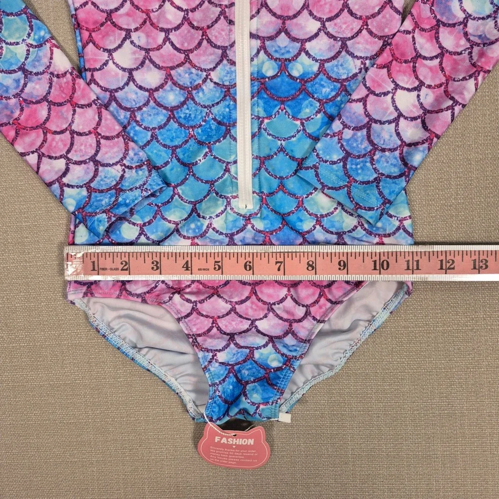 Fashion Girls Mermaid Scale Long Sleeve One Piece Swimsuit Pink Blue Size 120